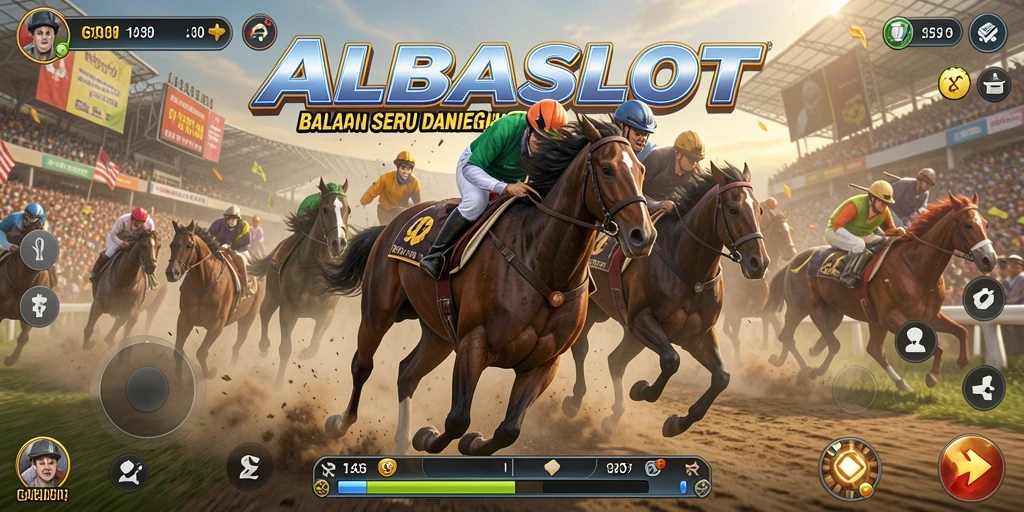 Tampilan gameplay menegangkan di ALBASLOT dengan mobil balap di trek.