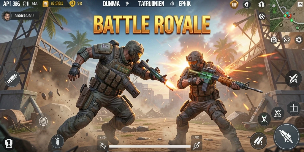 Tangkapan layar API36 menampilkan aksi seru dalam pertempuran Battle Royale.