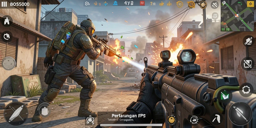 Tangkapan layar menampilkan aksi seru gameplay FPS di BOS5000.