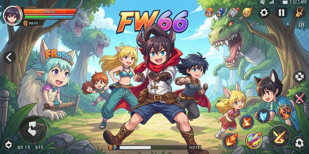 Tampilan gameplay FW66 dengan karakter anime ikonik yang penuh warna.