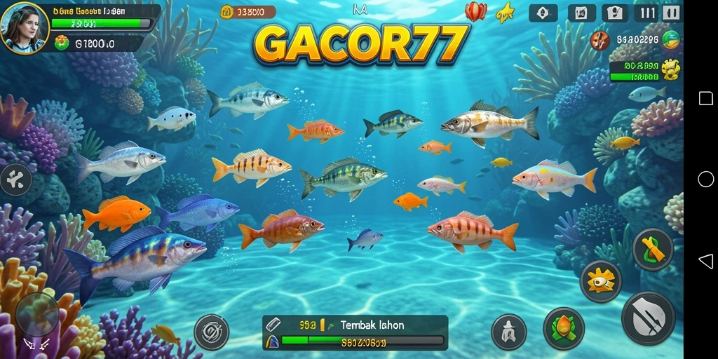 Tampilan seru gameplay GACOR77 dengan ikan beraneka ragam.