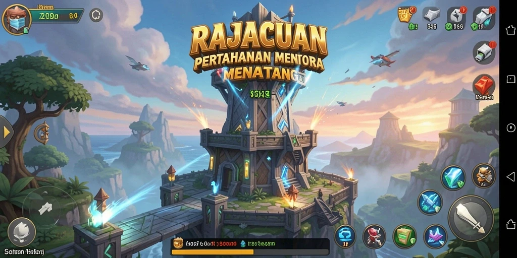 Tangkapan layar RAJACUAN menunjukkan aksi menara pertahanan yang intens.